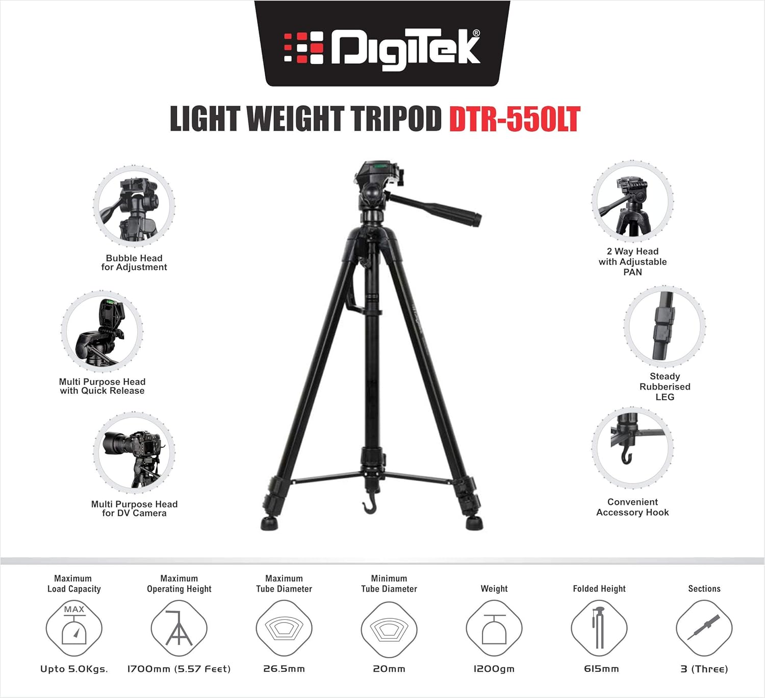 DIGITEK DTR 550LT (65 Inch) Lightweight Tripod DIGITEK DTR 550LT (65 Inch) Lightweight Tripod